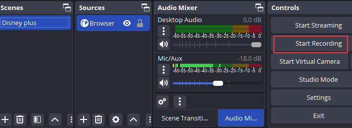 start recording disney with obs