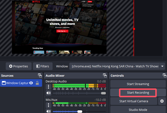 inizia a registrare netflix con obs