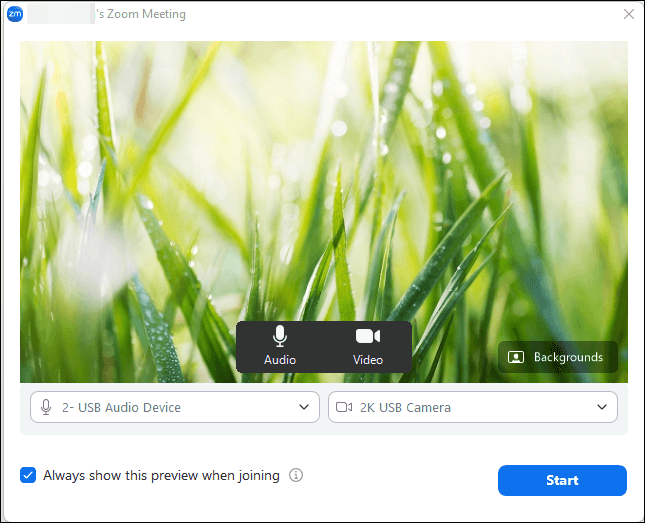 iniciar configuração de áudio e vídeo da reunião do Zoom
