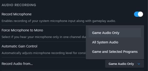 Steam-Audioaufnahmeeinstellungen