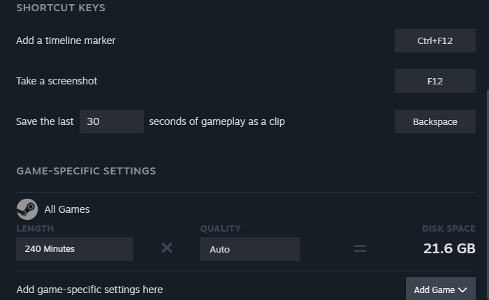 Steam-Aufzeichnung in den Hintergrundeinstellungen