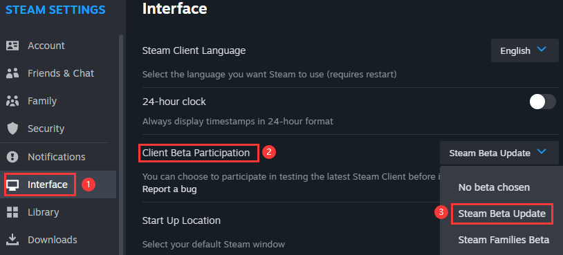 Schnittstelle für Dampfeinstellungen