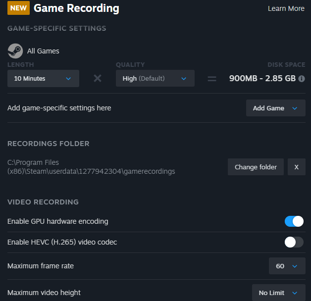 Steam-Videoaufzeichnungseinstellungen