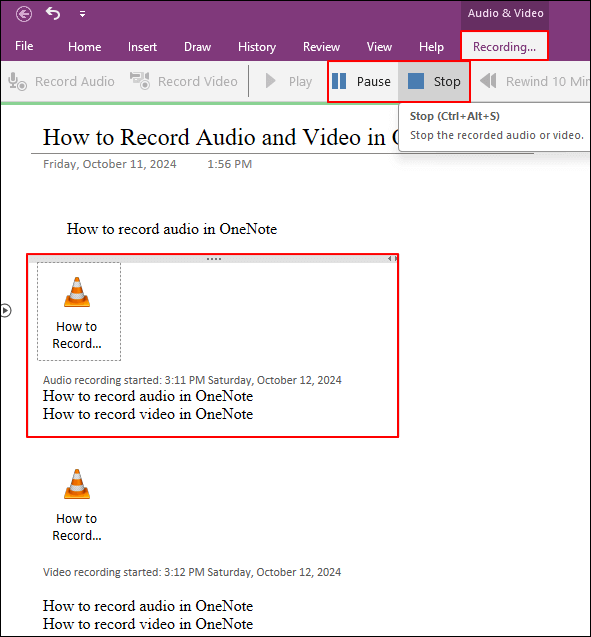 Audio-/Videoaufzeichnung in OneNote stoppen oder anhalten