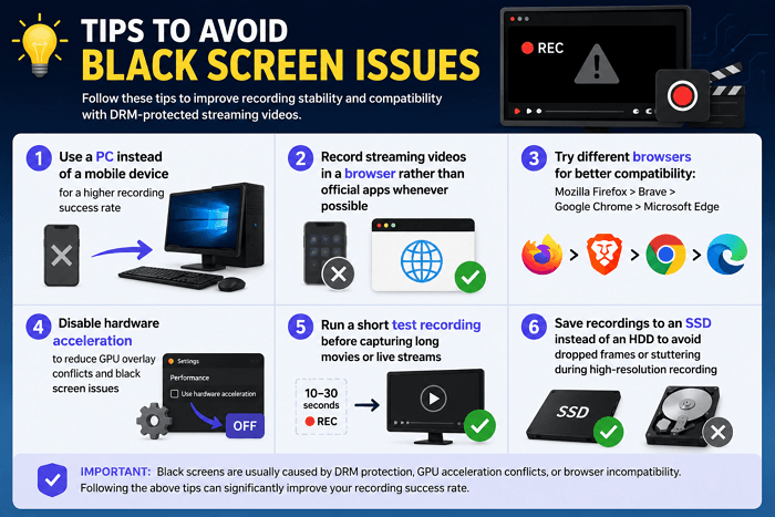 tips to avoid black screen