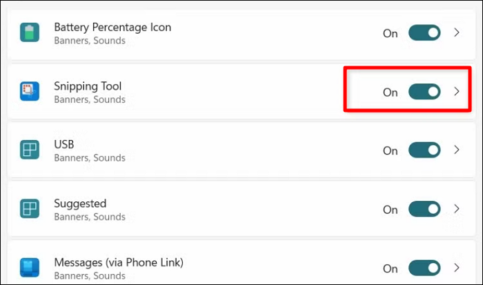 toggle on snipping tool