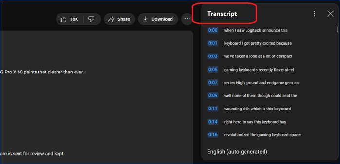 Comprueba la barra lateral 'Transcripción