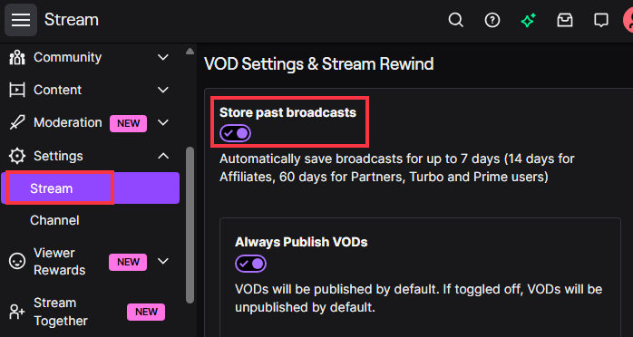 twitch stream vod settings