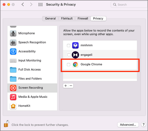 Deaktivieren Sie Google Chrome von der Bildschirmaufzeichnung