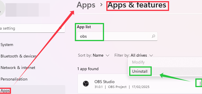 uninstall obs studio