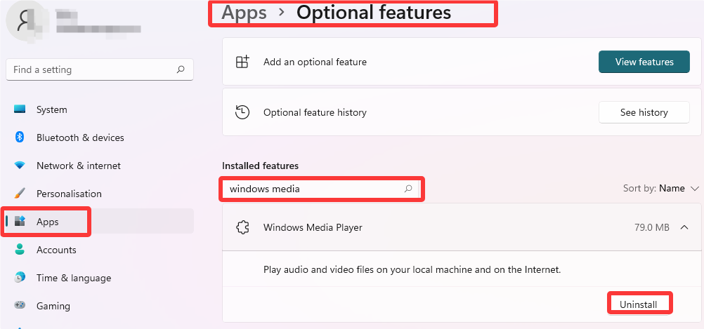 uninstall windows media player