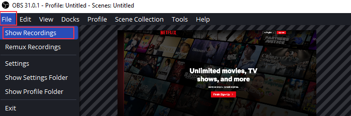 visualizza la registrazione in obs