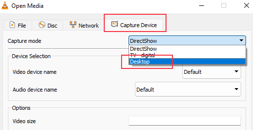 vlc capture device select
