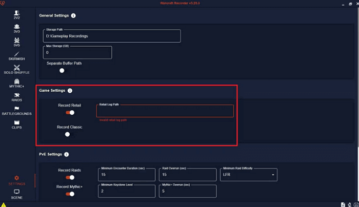 configurações do jogo gravador de warcraft