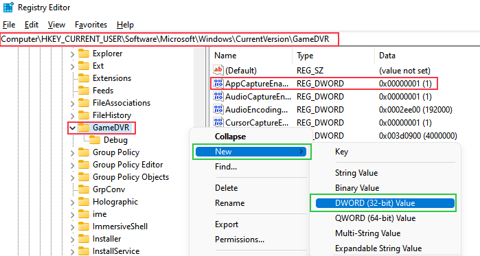 win11 registry editor gamedvr