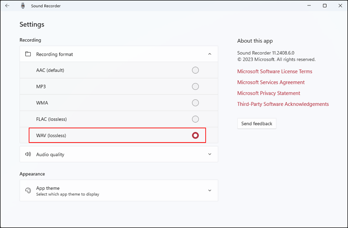 windows 11 sound recorder change wav format