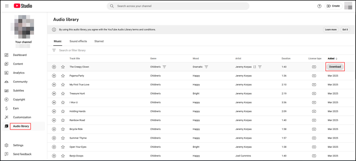 YouTube 音訊庫介面
