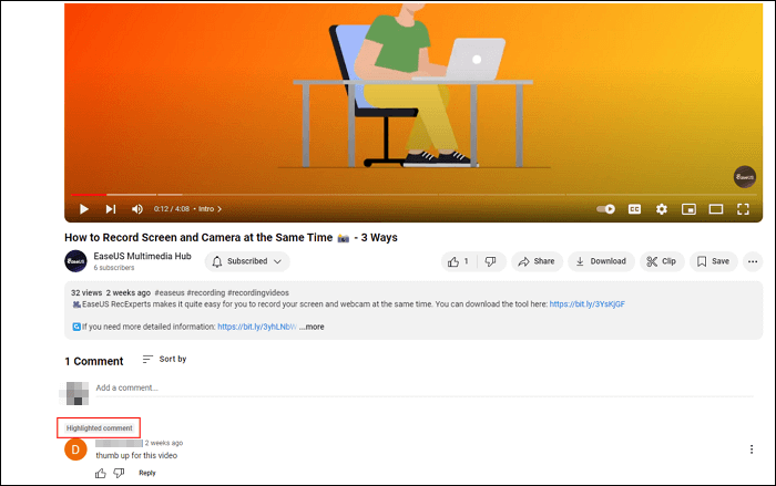 youtube highlighted comment interface