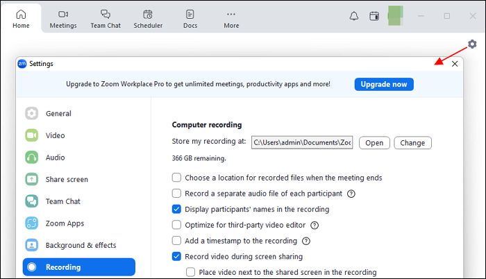 configurações de zoom