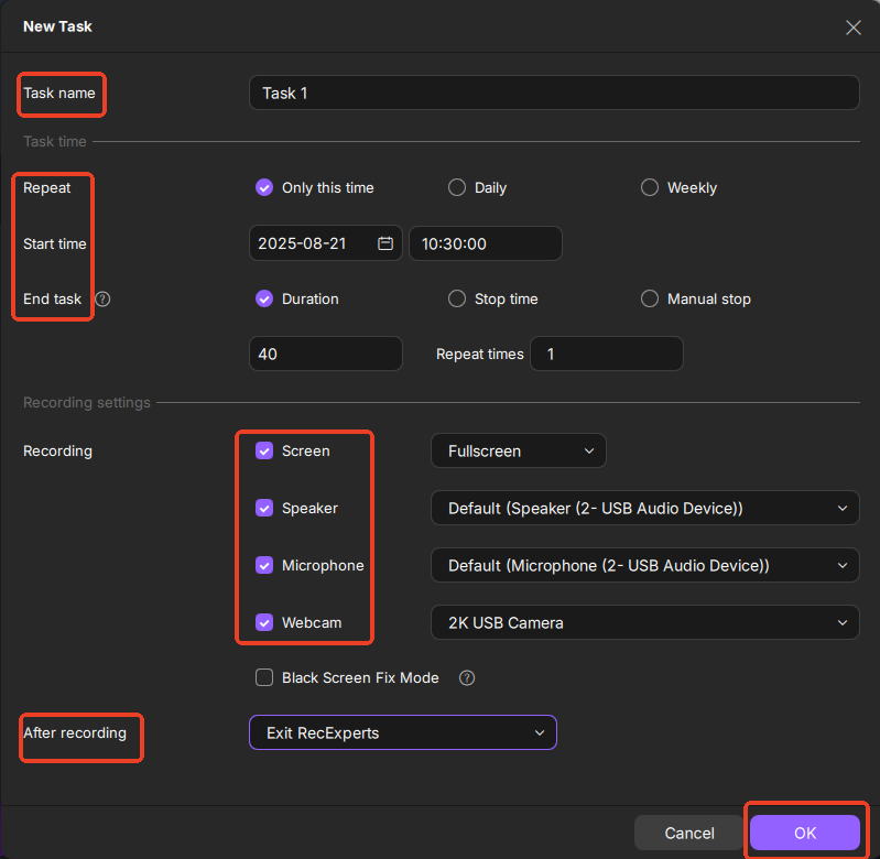 auto recording settings