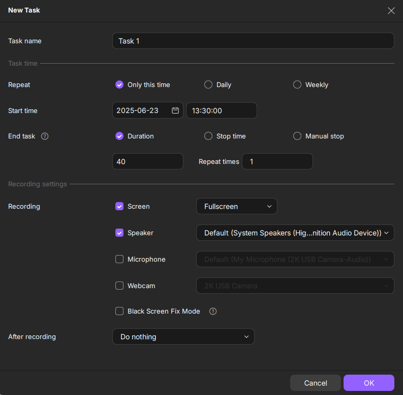 configure schedule recording task settings