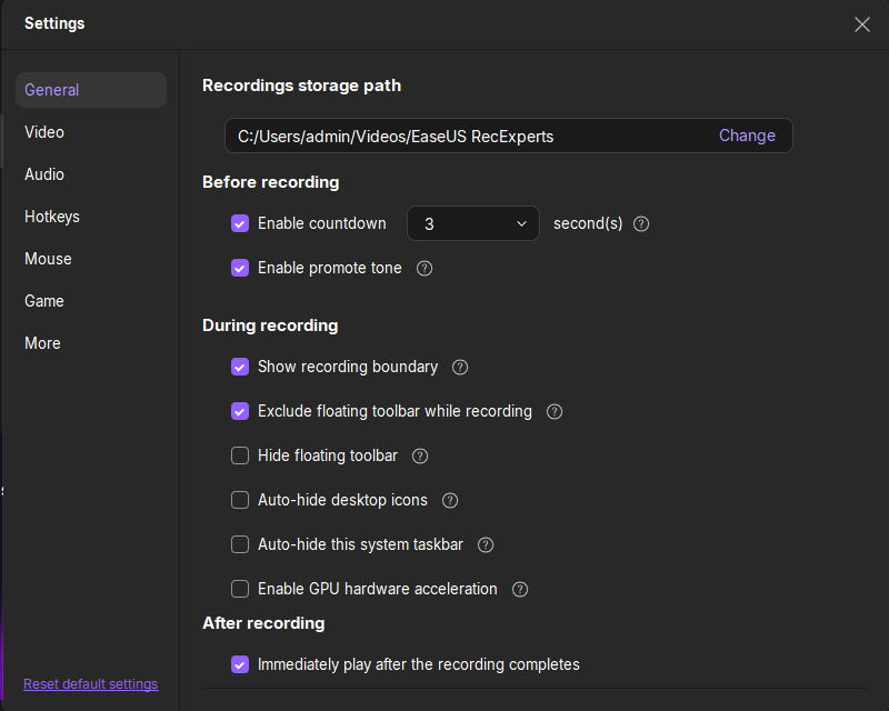 easeus recexperts settings