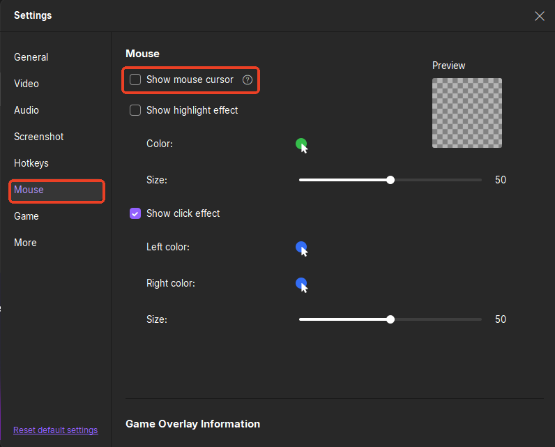 recexperts uncheck show mouse cursor