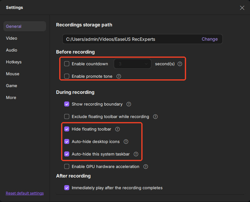 secret recording general settings