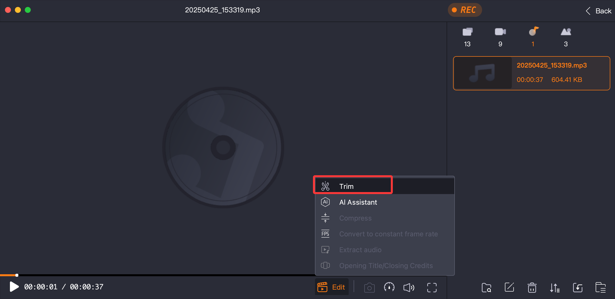ferramenta de edição do gravador easeus