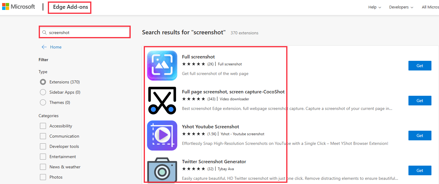 extension de capture d'écran Edge