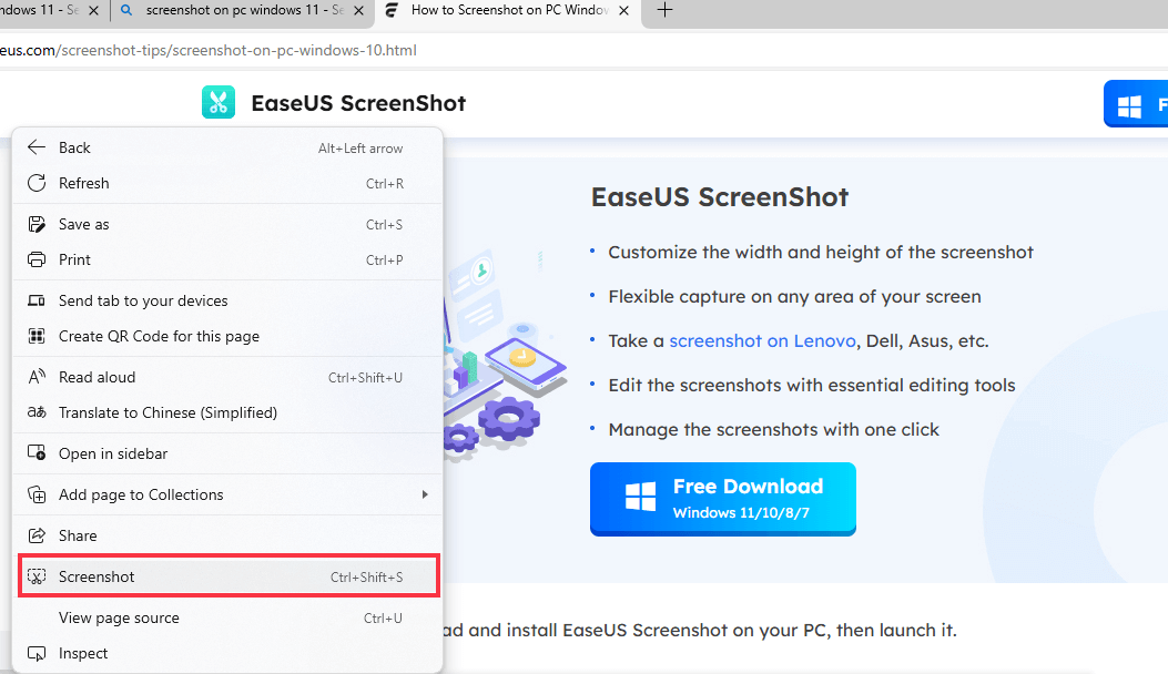 fonctionnalité de capture d'écran Edge