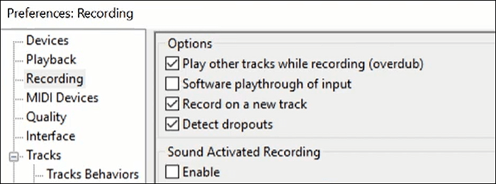 audacity non registra l'impostazione delle preferenze