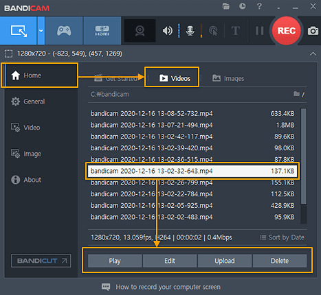lista di registrazioni bandicam