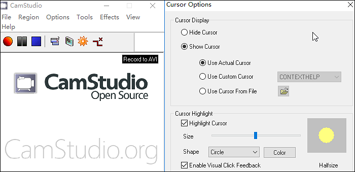 opzione cursore in camstudio
