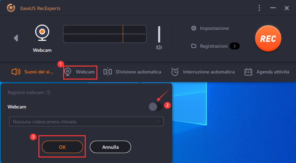 selezionare camera webcam registrazione