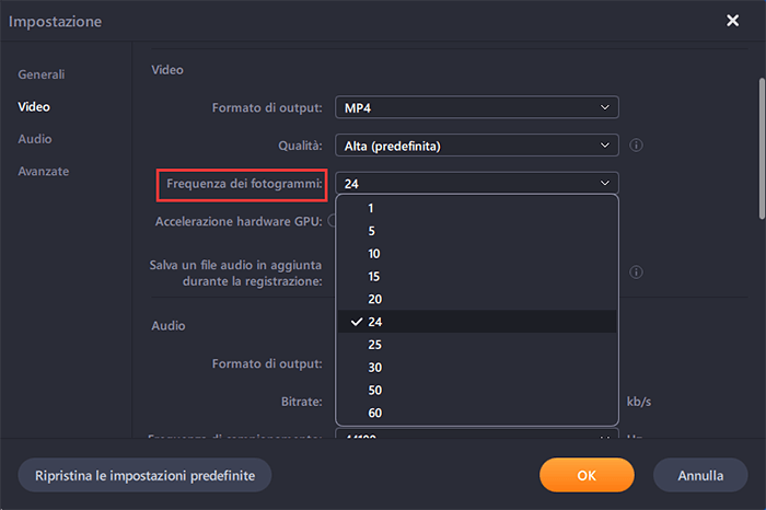 impostazioni di registrare gioco