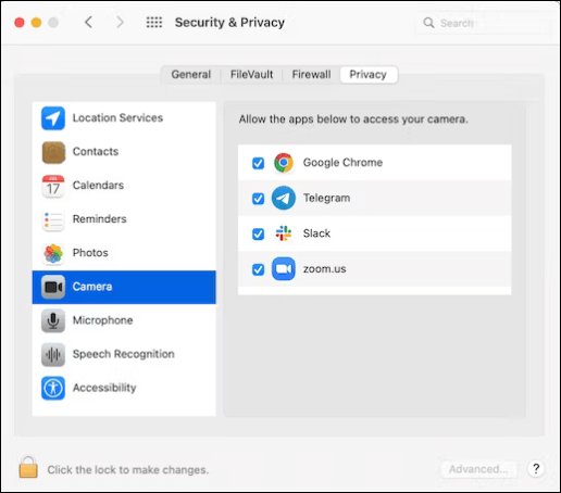 カメラへのアクセスをチェックする