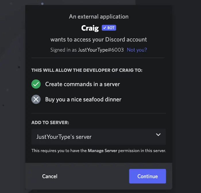 CraigBotでサーバーを選択する