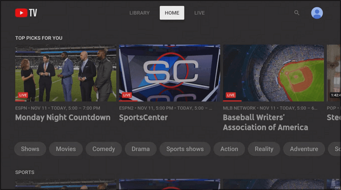 ユーチューブTVライブセクション