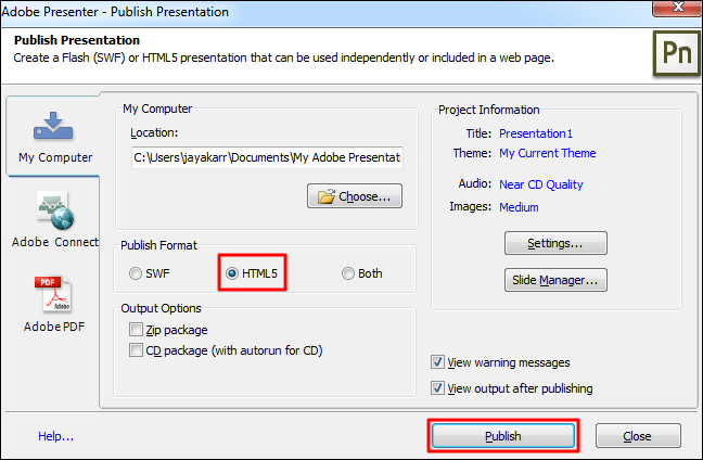 在 Adobe Presenter 中導出影片展示文稿